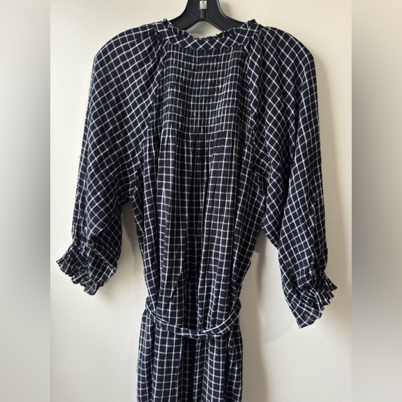 Anthropologie Sara Smocked Shirtdress Navy and White Grid Long Sleeve Dress - Picture 7 of 12